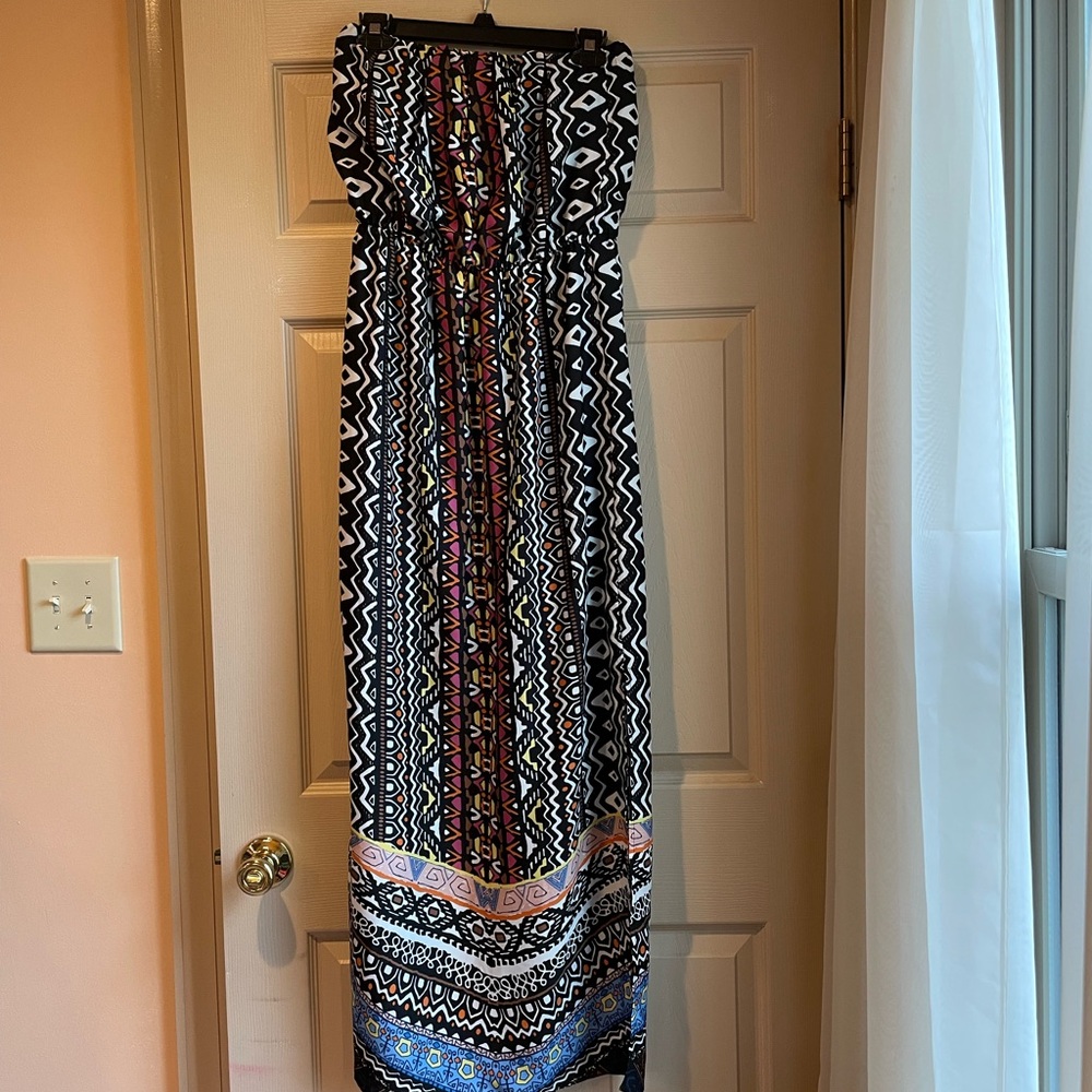 Joy Joy Bohemian Strapless Maxi‎ Dress with Side Slits, Size Small